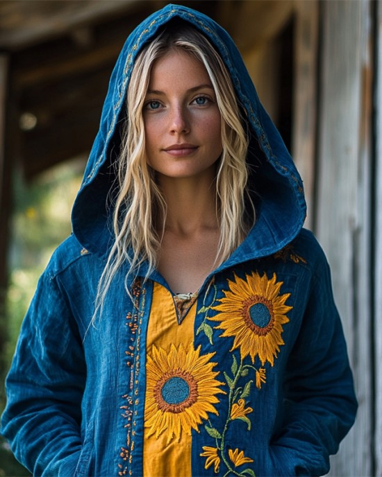 Ukraine Ethnic Sunflowers Embroidered Contrast Patchwork Hoodie Ukraine Ethnic Sunflowers Embroidered Contrast Patchwork Hoodie