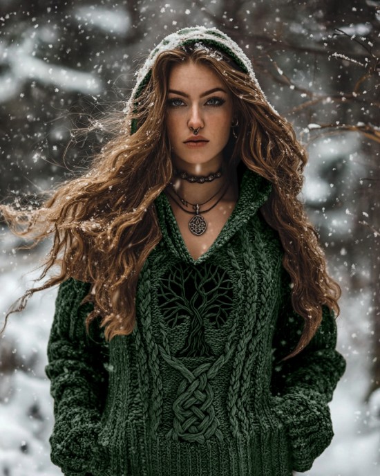 Women's Viking Tribal Runes Life Of Tree Chunky Knit Hooded Sweater Women's Viking Tribal Runes Life Of Tree Chunky Knit Hooded Sweater