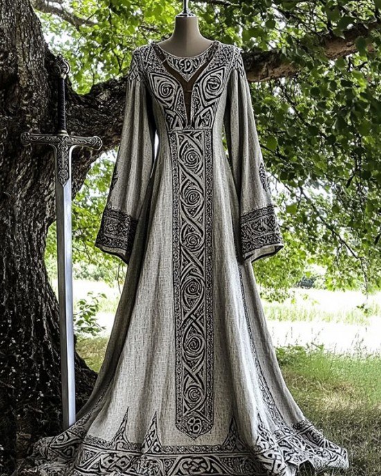 Vintage Viking Pattern V Neck Casual Maxi Dress