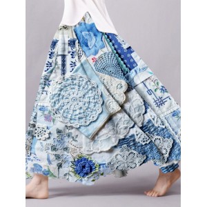 Vintage Bohemian Patch Textile Linen Skirt