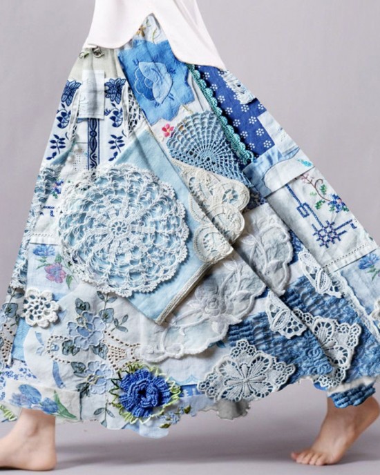 Vintage Bohemian Patch Textile Linen Skirt Vintage Bohemian Patch Textile Linen Skirt