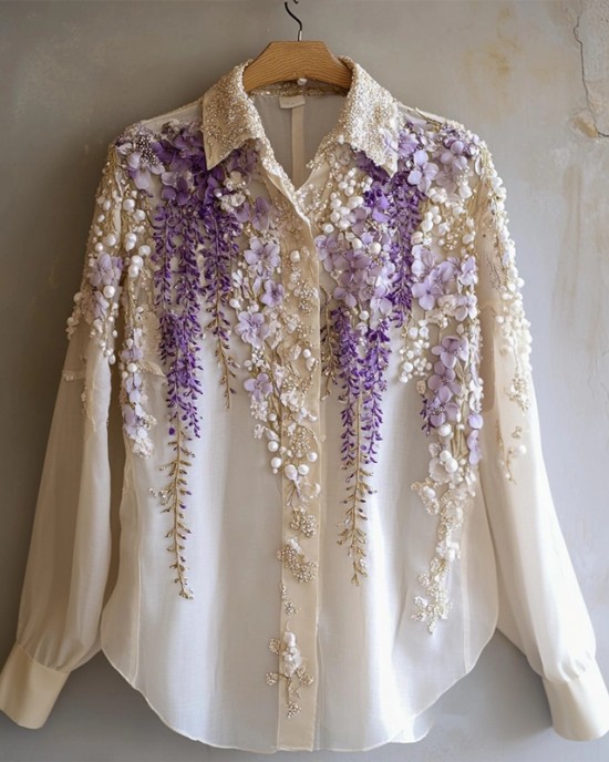 Women's Purple Floral Pearl Embroidered Elegant Shirt Women's Purple Floral Pearl Embroidered Elegant Shirt