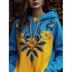 Ukraine Ethnic Floral Embroidered Contrast Color Hoodie
