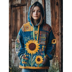 Ukrainian Sunflower Embroidered Patchwork Comfy Hoodie