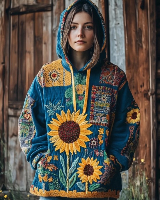 Ukrainian Sunflower Embroidered Patchwork Comfy Hoodie