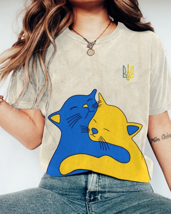 Hug Of Love Abstract Cat Graphics Ukraine Inspired Printed T-shirt Hug Of Love Abstract Cat Graphics Ukraine Inspired Printed T-shirt