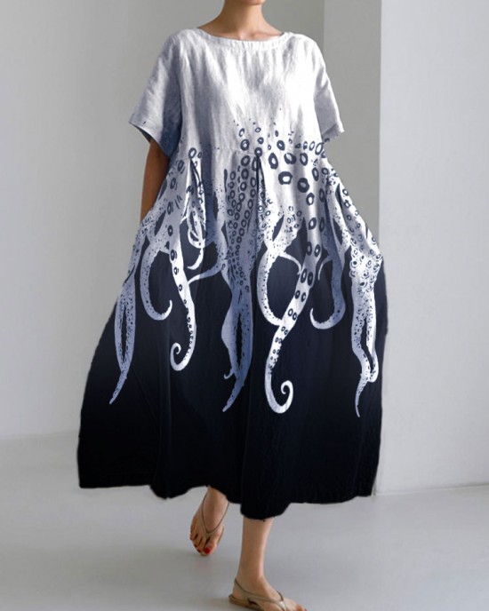 Ocean Octopus Japanese Art Linen Blend Casual Dress Ocean Octopus Japanese Art Linen Blend Casual Dress