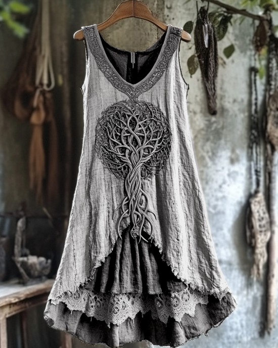 Tribal Tree Of Life Lace Patchwork Art Linen Tank Dress