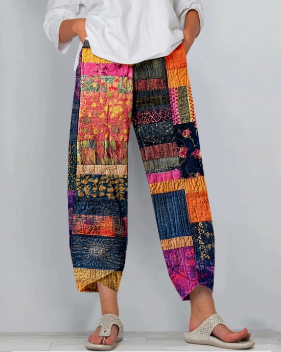 Colorful Boho Patchwork Cropped Casual Pants Colorful Boho Patchwork Cropped Casual Pants