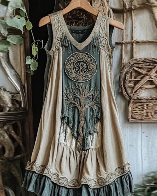 Viking Celtic Knot Patchwork Art Linen Tank Dress