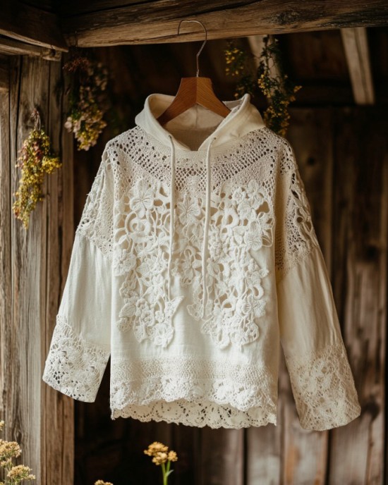 Women's Floral Lace Embroidery Patchwork Art Hoodie Women's Floral Lace Embroidery Patchwork Art Hoodie