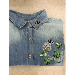 Cottage Bees & Clovers Embroidered Washed Denim Blouse