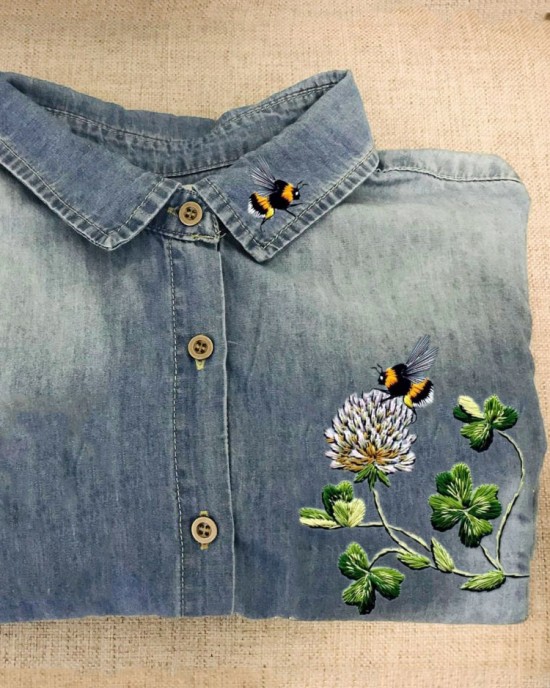 Cottage Bees & Clovers Embroidered Washed Denim Blouse Cottage Bees & Clovers Embroidered Washed Denim Blouse