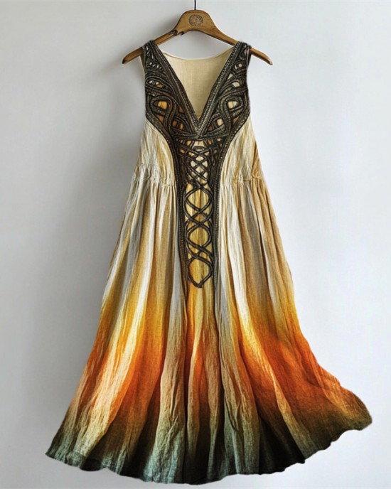 Vintage Celtic Knot Forest Elf Gradient Flowy Linen Dress