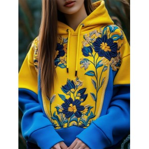 Ukraine Ethnic Floral Embroidered Contrast Patchwork Hoodie