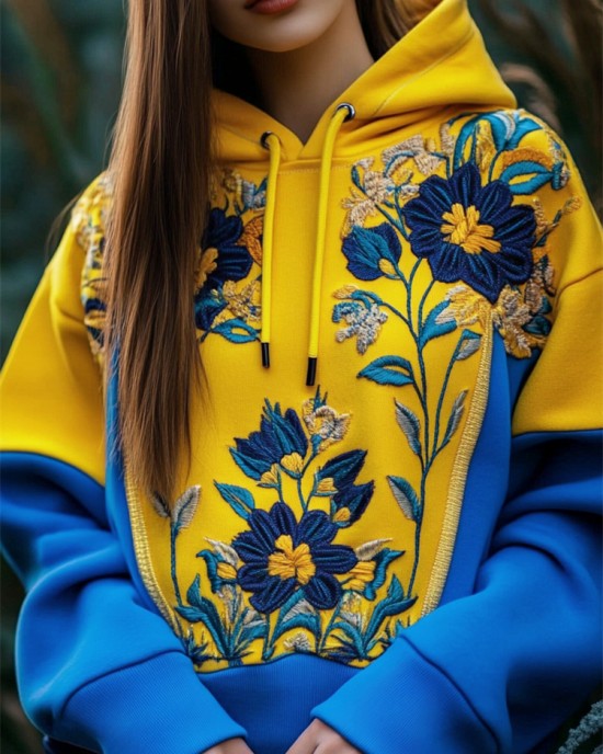 Ukraine Ethnic Floral Embroidered Contrast Patchwork Hoodie Ukraine Ethnic Floral Embroidered Contrast Patchwork Hoodie