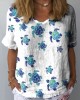 Women's Watercolor Sea Turtle Crawling Pattern Print Linen Blend T-shirt