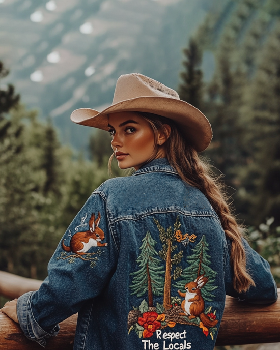 Respect The Locals Squirrel Pattern Women's Denim Jacket Respect The Locals Squirrel Pattern Women's Denim Jacket