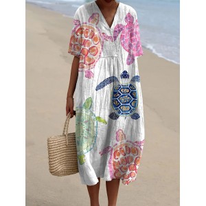 Women's Resort Collection Watercolor Turtle Pattern Casual Flowy Midi Dress