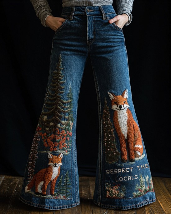 Respect The Locals Forest Foxes Embroidered Flare Jeans Respect The Locals Forest Foxes Embroidered Flare Jeans
