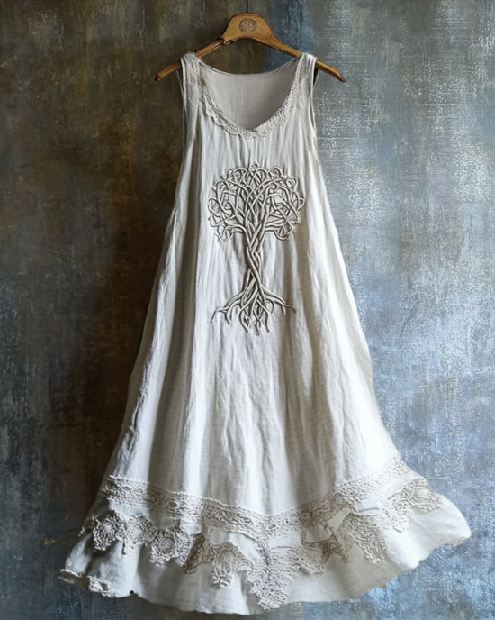 Viking Celtic Tree Of Life Lace Hem Layered Linen Dress Viking Celtic Tree Of Life Lace Hem Layered Linen Dress