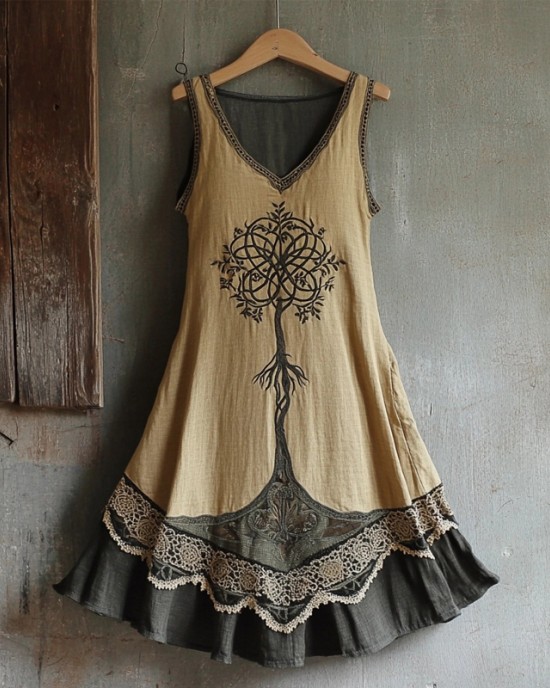 Viking Celtic Tree Of Life Patchwork Linen Tank Dress