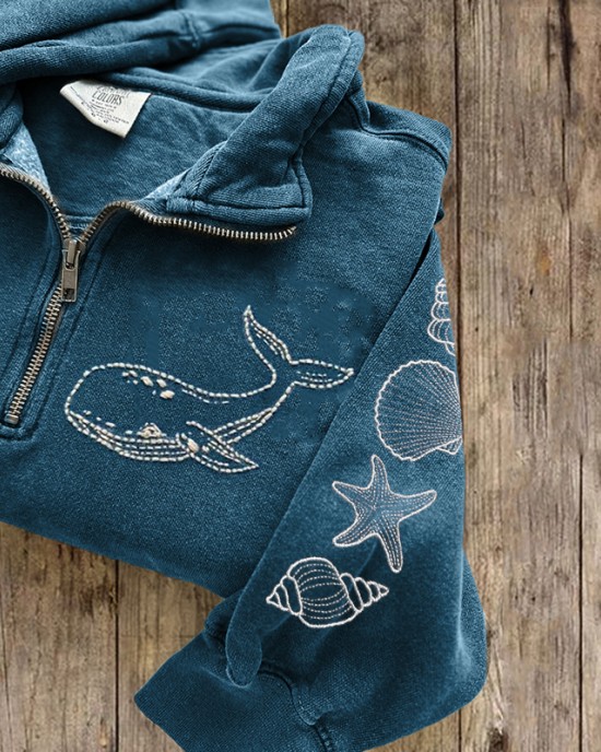 Whale & Sea Shells Embroidered Zip Up Sweatshirt Whale & Sea Shells Embroidered Zip Up Sweatshirt