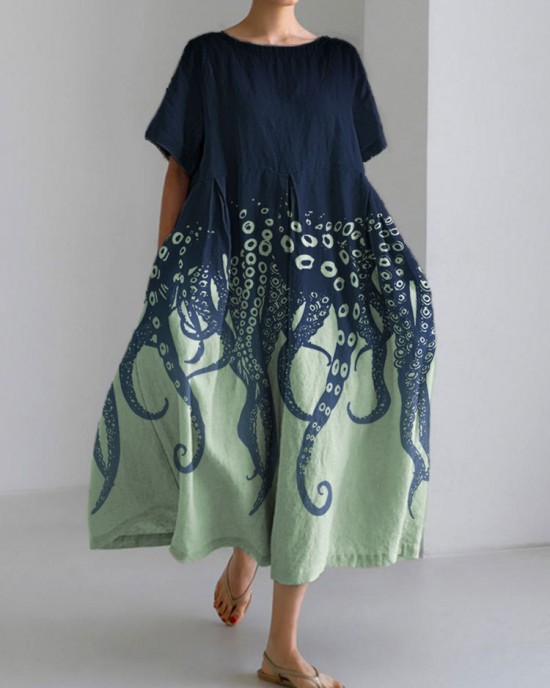Ocean Octopus Japanese Art Linen Blend Casual Dress Ocean Octopus Japanese Art Linen Blend Casual Dress