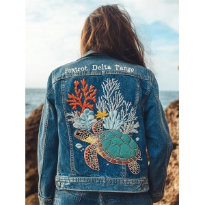 Foxtrot Data Tango Gulf Of Mexico Turtle Coral Embroidered Denim Jacket