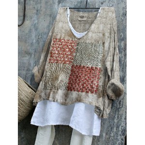 Geometric Japanese Sashiko Embroidered Art Linen Blend Tunic