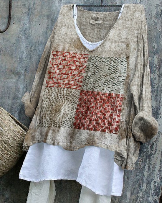 Geometric Japanese Sashiko Embroidered Art Linen Blend Tunic Geometric Japanese Sashiko Embroidered Art Linen Blend Tunic