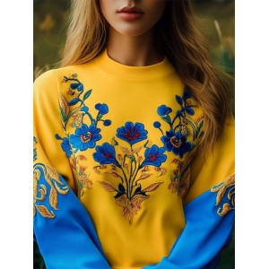 Ukraine Ethnic Floral Embroidered Contrast Color Sweatshirt