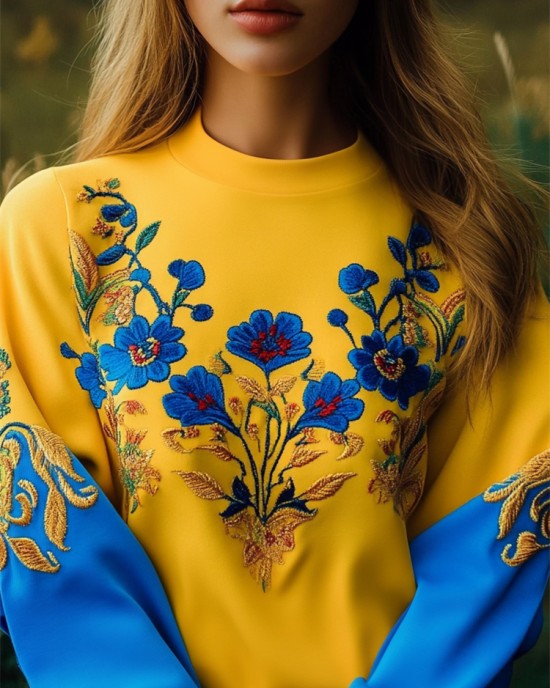 Ukraine Ethnic Floral Embroidered Contrast Color Sweatshirt Ukraine Ethnic Floral Embroidered Contrast Color Sweatshirt