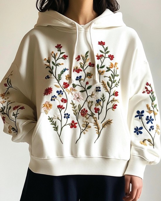 Elegant Florals Plants Embroidered Cozy Hoodie