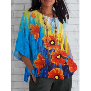 Ukrainian Floral Oil Print Women's Linen Top