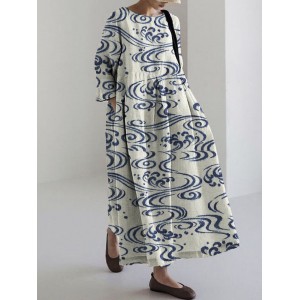 Sea Waves Japanese Art Linen Blend Maxi Dress
