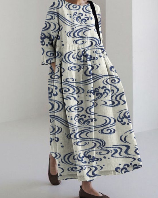 Sea Waves Japanese Art Linen Blend Maxi Dress Sea Waves Japanese Art Linen Blend Maxi Dress
