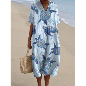 Women's Resort Collection Watercolor Turtle Pattern Pattern Casual Flowy Midi Dress