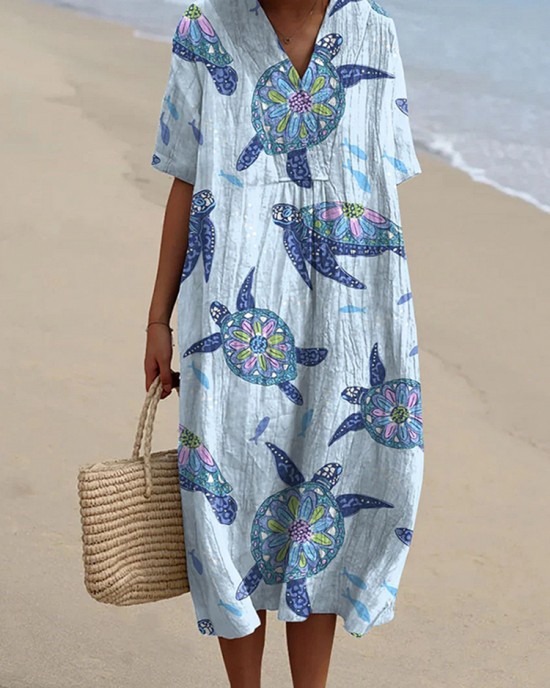 Women's Resort Collection Watercolor Turtle Pattern Pattern Casual Flowy Midi Dress Women's Resort Collection Watercolor Turtle Pattern Pattern Casual Flowy Midi Dress