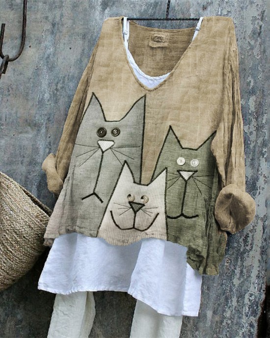 Lovely Cats Patchwork Fiber Art Linen Blend Tunic