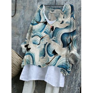 Cranes Over Sea Waves Japanese Embroidered Tunic