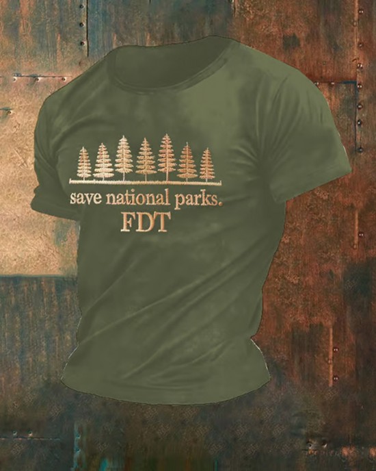 Men's Retro Save National Parks Fdt Printed Casual Crew Neck T-shirt