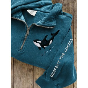 Respect The Locals Killer Whale Embroidered Zip Up Sweatshirt