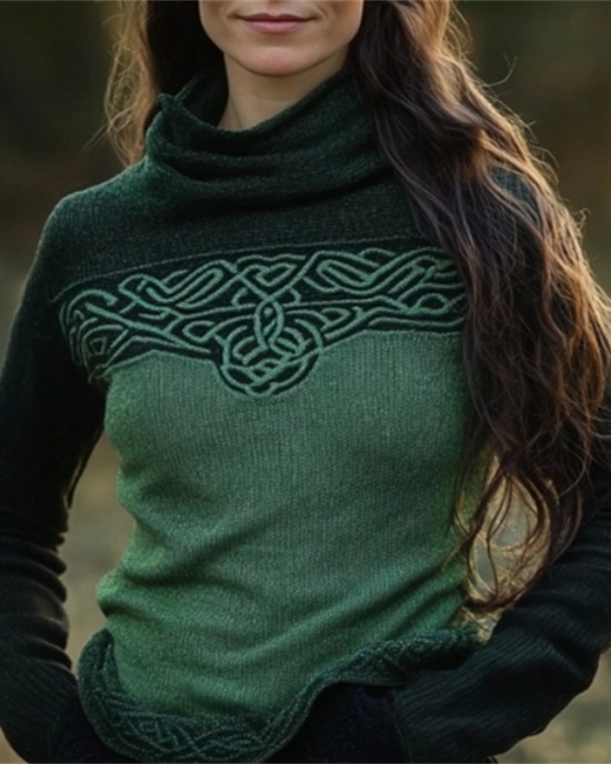 Classic Celtic Jacquard Contrast Color Turtleneck Sweater
