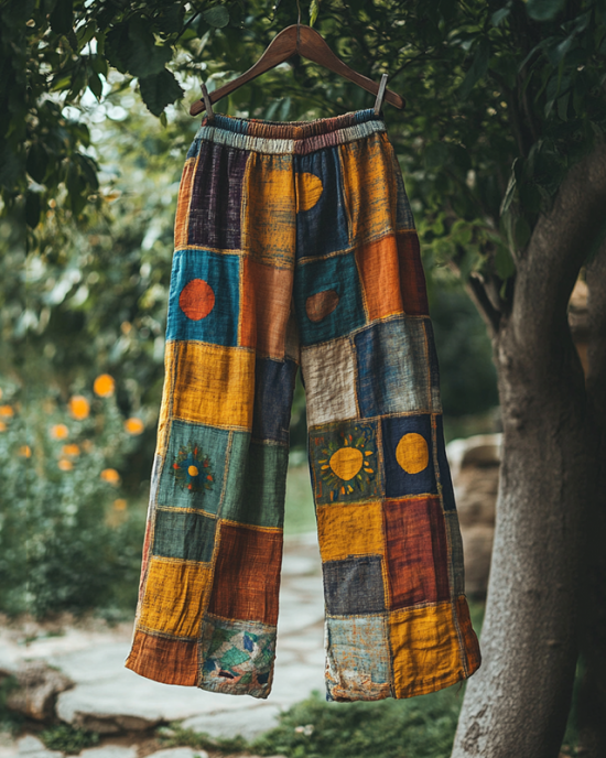 Vintage Color Block Linen Blend Loose Pants Vintage Color Block Linen Blend Loose Pants