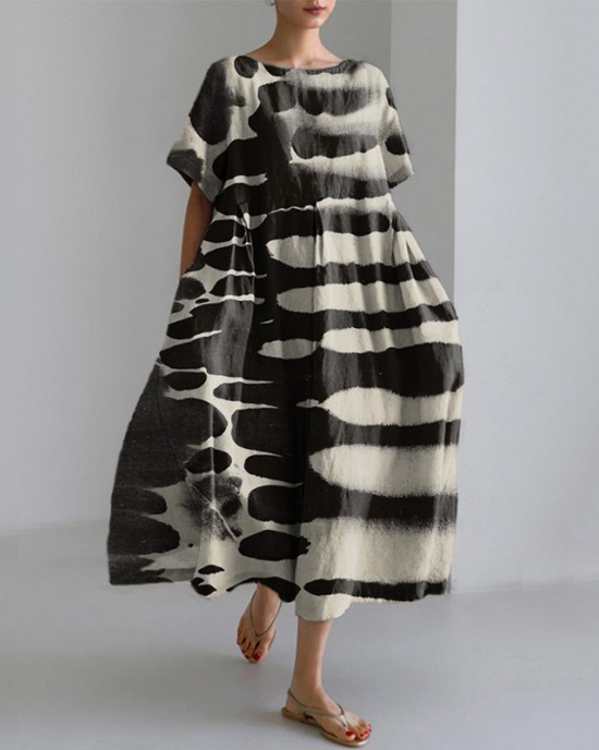 Women's Zebra Style Abstract Art Print Linen Blend Dress Women's Zebra Style Abstract Art Print Linen Blend Dress