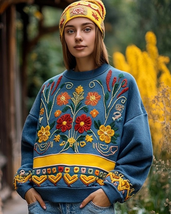 Ukrainian Folk Floral Embroidered Vintage Cozy Sweatshirt