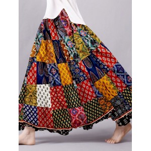 Boho Patchwork Flowy Linen Blend Wide Skirt