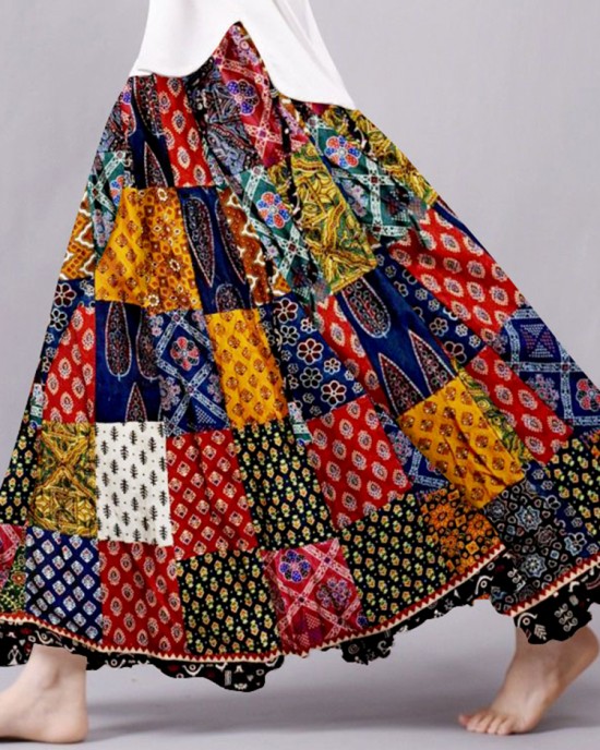 Boho Patchwork Flowy Linen Blend Wide Skirt Boho Patchwork Flowy Linen Blend Wide Skirt