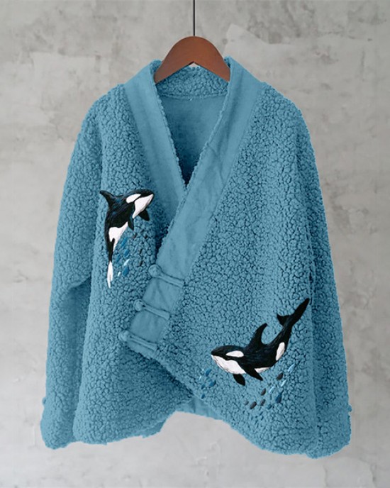 Ocean Whales Embroidery Art Fleece Kimono Cardigan